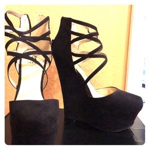 Strappy black suede platforms by Scene
